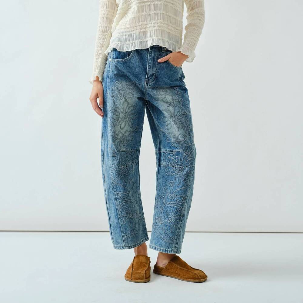 NEW AARON & AMBER pressed flower barrel jeans in blue